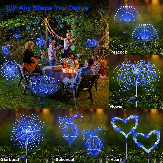 Solar Garden Lights Outdoor, 2 Pack 120 LED Twinkling Firework Lights Decorative with 2 Modes, Outdoor Waterproof Solar Starburst Light for Outside Yard Pathway Garden Decor, Blue