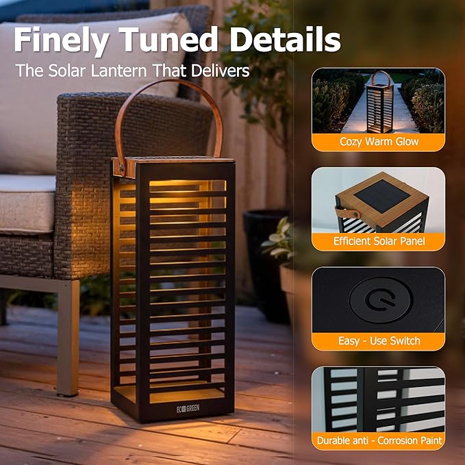 Solar Lantern with Handle - Outdoor Metal Solar Light (7.87×19.69"), Waterproof & Rustproof, 8H Auto-On Warm White Light, Portable for Patio, Porch, Balcony & Garden Decor (Black)