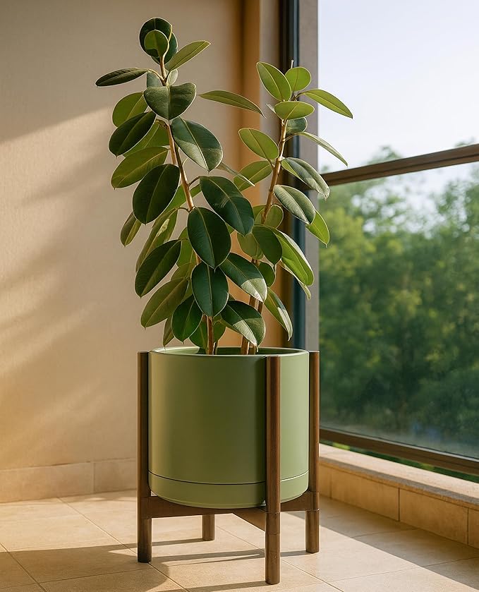 D'vine Dev Ceramic Planter with Walnut Color Stand - 14 Inch Modern Round Flower Pot with Wood Planter Holder, Olive, 55-B-T-J