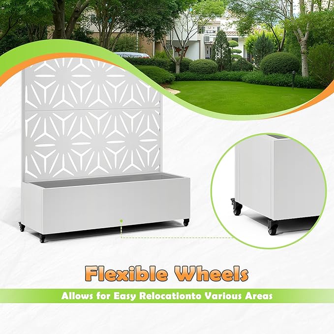 Metal Raised Garden Bed with Trellis, 2 in 1 Trellis with Planter Box & Privacy Screen for Climbing Plants, Vine, Outdoor Standing Flower Beds with Drainage Holes,47.2"L x 16.7"W x 70.8"H,(White-Star)