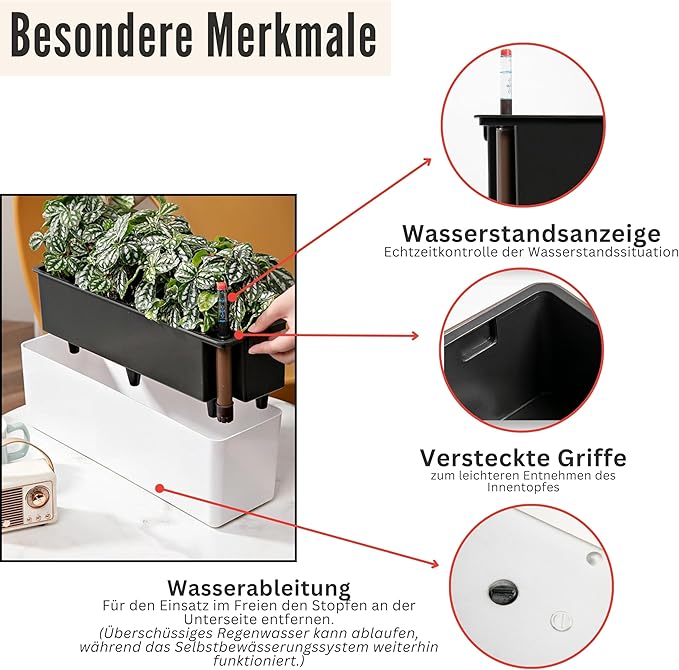 LaLaGreen Planter Box for Indoor Plants (16 Inch, 2 Pack) Black Rectangular Self Watering Flower Pot, Large Window Boxes Planters with Drainage Decorative Modern Balcony Windowsill Herbs Home Garden