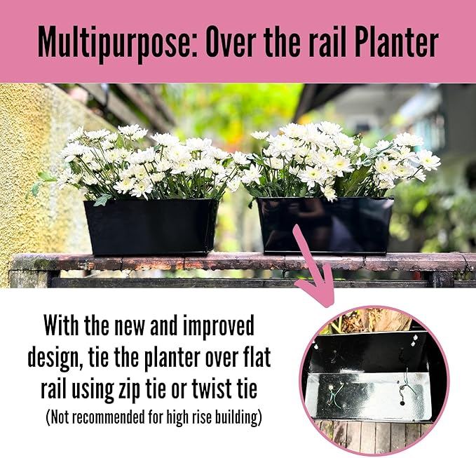 LaLaGreen Railing Planter Box (6 Pack, 12 Inch) Outdoor Black Metal Rectangle Strawberry Hanging Bucket Balcony Garden Fence Deck Flower Pots Boho Countryside Style Patio Living Wall Window Sill Decor