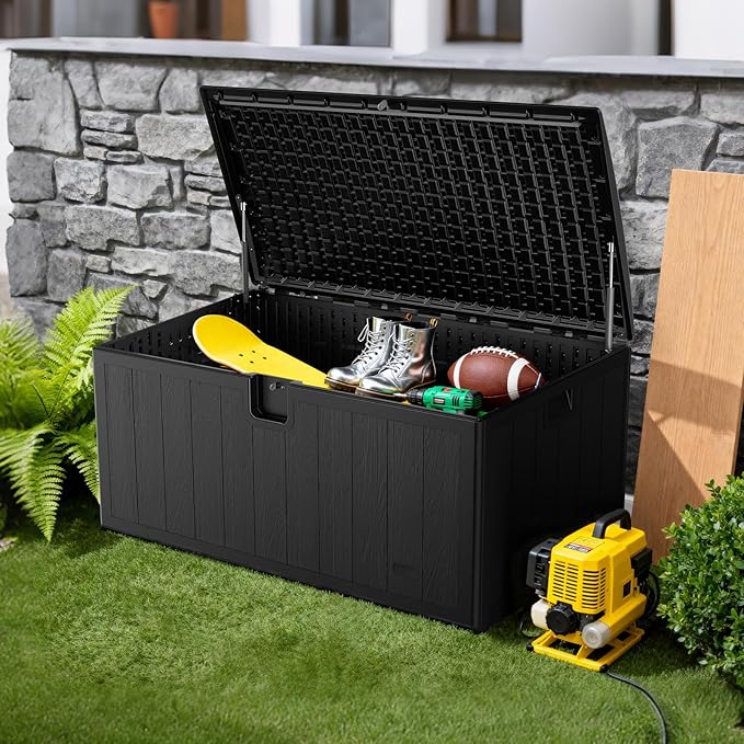 JEKO&JEKO 260 Gallon Outdoor Storage Box Set, 2-Pack 130 Gallon Plastic Deck Boxes with Lockable Lid for Patio, Garden Tools, Outdoor Cushions and Shoes, Black
