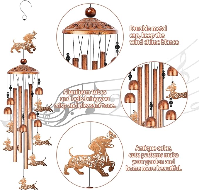 Dachshund Wind Chimes for Outside, Wiener Dog Gifts for Women Men Metal Windchimes Outdoors, Floral Butterfly Dog Design Home Garden Patio Yard Decor
