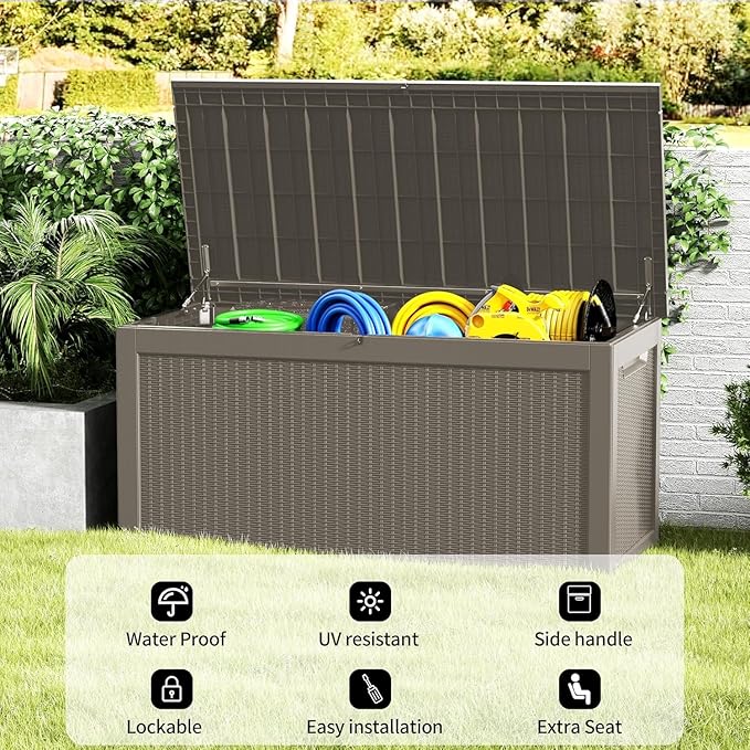320GAL Deck Box -Grey ，Lockable Resin Storage Box，Outdoor Storage Box，UV Resistant Resin，Patio, Garden and Poolside