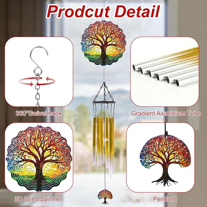 Windchimes with Tree of Life Wind Spinners Gift, Metal 3D Wind Spinner Hanging Wind Chimes Decor for Yard Outdoor, Home Garden Ornaments Gifts for Mom Women Christmas