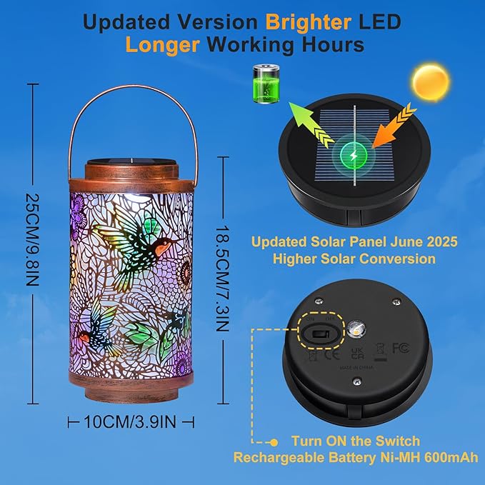 2Pack Solar Lanterns Outdoor Waterproof Hummingbird Colorful Garden Gifts for Mom, Multicolor Solar Lights Lantern for Backyard Garden, Pathway, Outside, Mothers' Day Gifts for Grandma Women