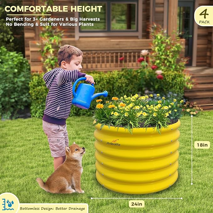 A ANLEOLIFE Kids Mini Raised Garden Beds Outdoor (4-Pack)-24x24x18in Round Galvanized Metal Planter Box for Planting Vegetables, Flowers, Fruits, Eco-Safe & Easy Setup, Sunlit Gold