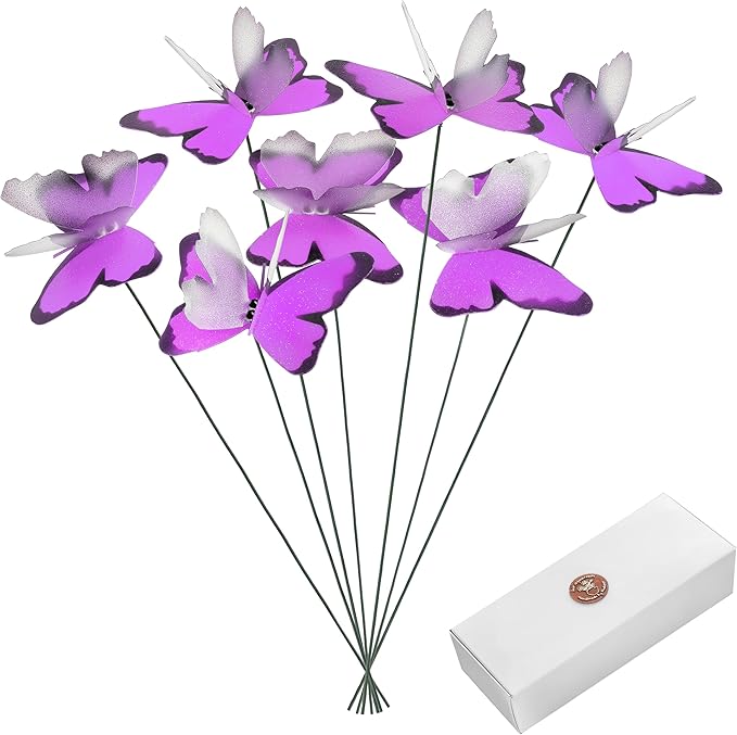 Handmade Purple Butterfly Garden Stakes - Set of 7 Premium 3D Hand-Painted Butterflies with Fluttering Spring Movement, Weatherproof Metal Rod, Outdoor Indoor Decor, Ideal Gift