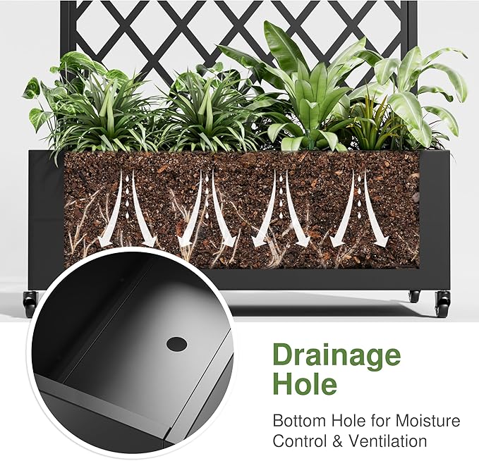 Casaphoria Metal Raised Garden Bed with Trellis and Wheels, 72"x35"x16" Planter Box for Climbing Plants, Vegetables & Vines, Features Drainage Holes and Privacy Screen (Black-Rhombus)