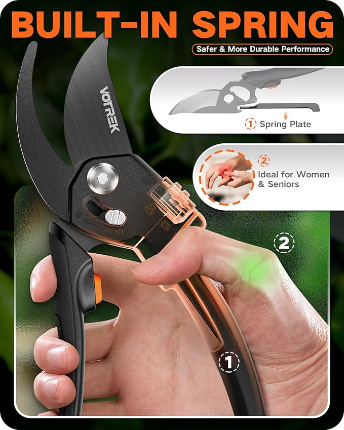 VOTREK 8.5" Pruning Shears for Gardening, 【Unique Stepless Handle Opening】Professional Bypass Garden Clipper for All Hands, SK5 Steel Blades, Heavy Duty Ergonomic Plant Pruners for Branch