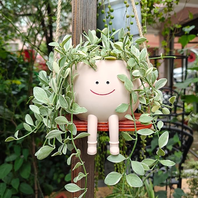 Swing Face Planter Pot with Drainage Holes, Cute Succulent Hanging Planter for Indoor Outdoor Plants, for Plant Lovers and Mothers
