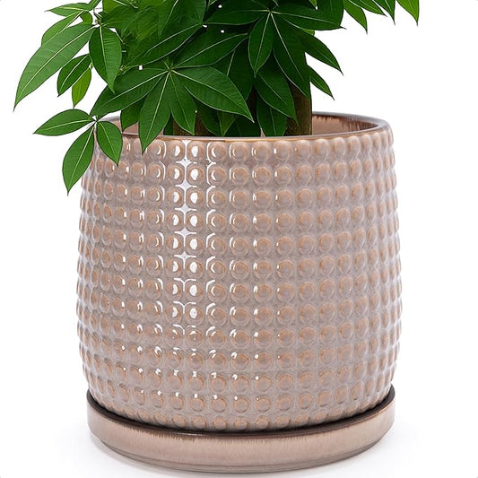 D'vine Dev 10 Inch Ceramic Beaded Stoneware Planter Pot - Flower Pot with Drainage Holes and Saucers for Indoor Succulent Plants or Flowers, Light Brown, 27-C-P-4