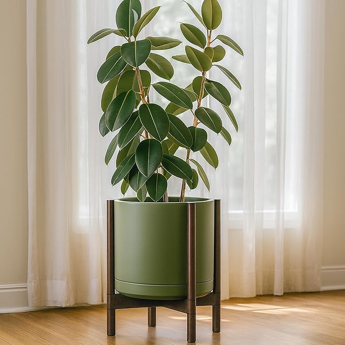 D'vine Dev Ceramic Planter with Walnut Color Stand - 14 Inch Modern Round Flower Pot with Wood Planter Holder, Olive, 55-B-T-J