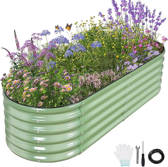 Permade Galvanized Raised Garden Bed Outdoor- Raised Beds for Gardening| Metal Planter Box, Steel Raised Garden Bed Kit with Safety Edging and Gloves for Vegetables, Flower, Herbs (6x2x1.4FT, Green)