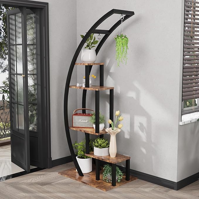 CABIHOME 5-Tier Tall Metal Indoor Plant Stand - Half-Moon Garden Plant Holder w/ 4 Hanging Hooks - Round Flower Shelf Rack for Home, Balcony, Living Room & Garden Decor