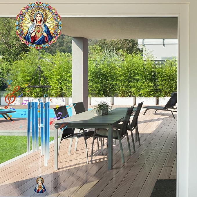 Lady of Guadalupe Windchimes with Wind Spinner Outdoors, Wind Chimes Catholic Gifts for Women Mom Sisters, Metal 3D Hanging Ornaments Decor for Garden Outside Yard