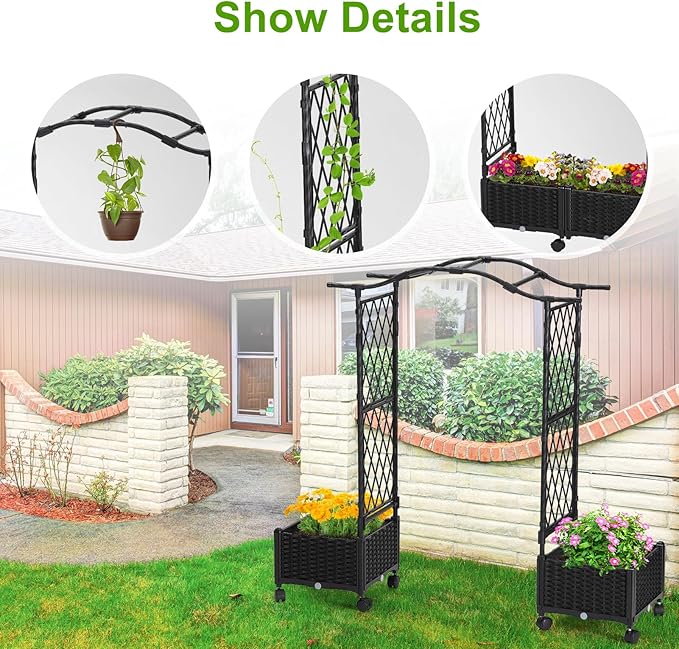 lalahoni Planter with Trellis, 4.6ft Trellis Planter Self-Watering Box with Wheels Outdoor Plants Tomato Flower Vegetable Herb Garden Patio Balcony Indoor, Plastic Raised Bed Trellis Drainage Hole