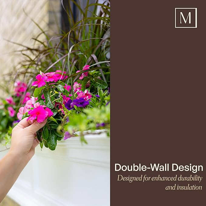 Mayne Fairview 3ft Durable Self Watering Window Box Planter with Wall Mount Brackets, UV & Weather Resistant, Double Wall Design, New England Architecture for Outdoor Décor, White