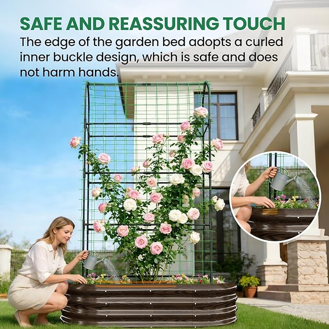 SUNYRISY 2Pack Galvanized Raised Garden Bed with 71in Arch Trellis for Climbing Plants, Outdoor Planter Box with Climbing Net for Gardening Flowers Vegetables Fruits Herbs, Wood Grain
