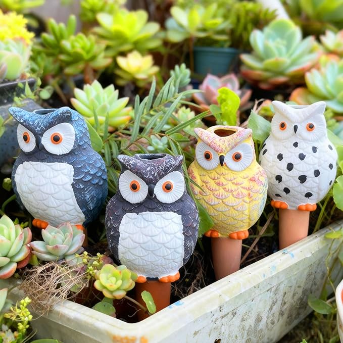 4 Pack Plant Watering Devices, Owl Shape Terracotta Watering Stakes, Vacation Self Watering Planter Insert, Large Self Watering Globes for Indoor Outdoor Plants