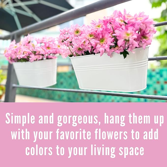 LaLaGreen Planter Boxes for Outdoor (8 Pack, 17 Inch) White Metal Deck Railing Hanging Flower Pots, Large Window Box Plant Holder Hooks Fence Rail Bucket Modern Countryside Boho Style Wall Mount Porch
