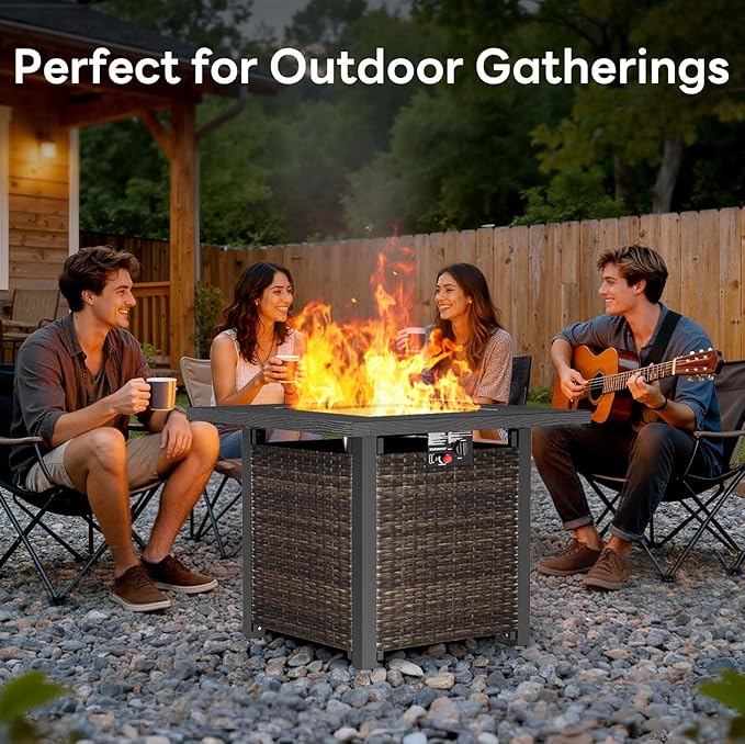 ZAFRO 28” Outdoor Fire Pit Table 50,000 BTU, 2-in-1 Rattan Propane Firepit Table with Glass Stones & Lid, Square Fire Table for Patio, Backyard, Deck, or Garden, Black
