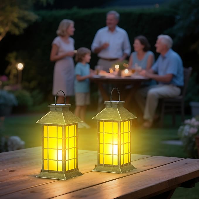 2 Pack 13" Patina Solar Lantern with Flickering Flame Candle | Outdoor Waterproof Hanging Lanterns, Metal & Glass Solar Lights for Garden Decoration, Rustic Outdoor Gifts for Mom