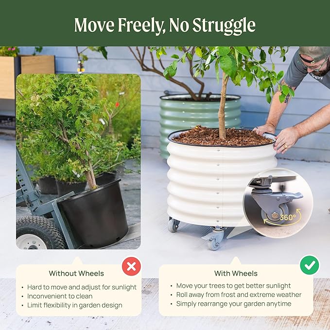 Rolling Metal Citrus Tree Planter Pot, 21″ Round Planter Box for Porch Patio & Backyard, 20 Gallon Large Planter Pot with Wheels for Growing Trees Tomatoes Vegetables and Flowers, Pearl White