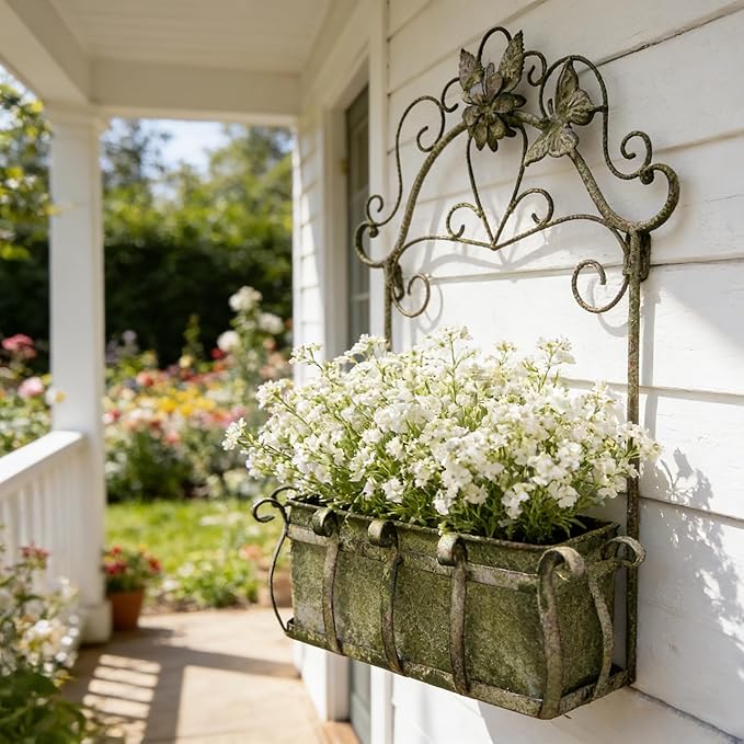 Rustic Metal Wall Planter Vintage Wall Mounted Flower Pot Farmhouse Distressed Wall Hanging Plant Basket with Floral & Butterfly Decor for Indoor Outdoor Garden Home Yard (Green#2)