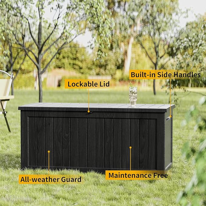 270 Gallon Lockable Resin Outdoor Storage Box, Waterproof & Weather Resistant Deck Box for Patio Cushion, Garden Tools & Pool Accessories, Black