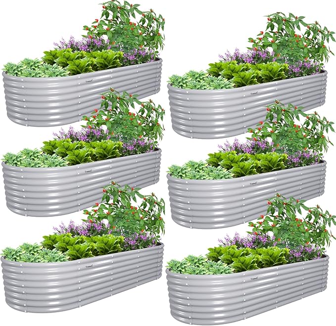 6 Pack 8x3x2FT Galvanized Raised Garden Bed Kit Oval Metal Ground Planter Box Outdoor Bottomless Planter Raised Beds for Vegetables Flowers Herbs Fruits, Gray