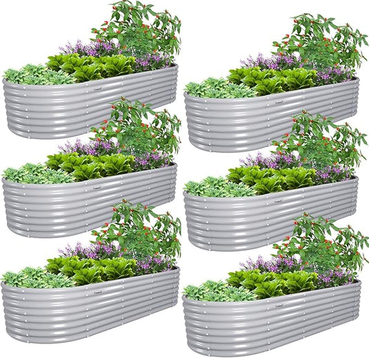6 Pack 8x3x2FT Galvanized Raised Garden Bed Kit Oval Metal Ground Planter Box Outdoor Bottomless Planter Raised Beds for Vegetables Flowers Herbs Fruits, Gray