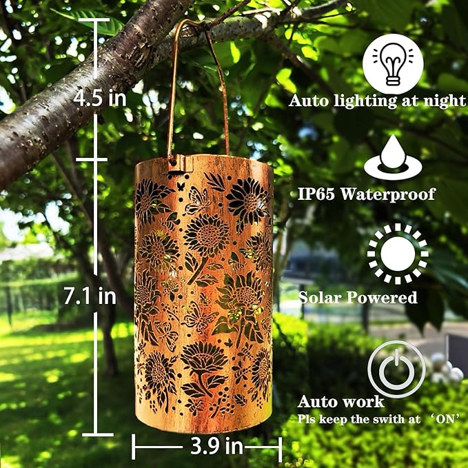 Gardening Birthday Gifts for Mom Women Grandma,Solar Lanterns Outdoor Waterproof,Garden Decor Outside Sunflower Bee and Butterfly, Hanging Yard Art Lights Solar Powered,Patio Decorations,Porch,1PC