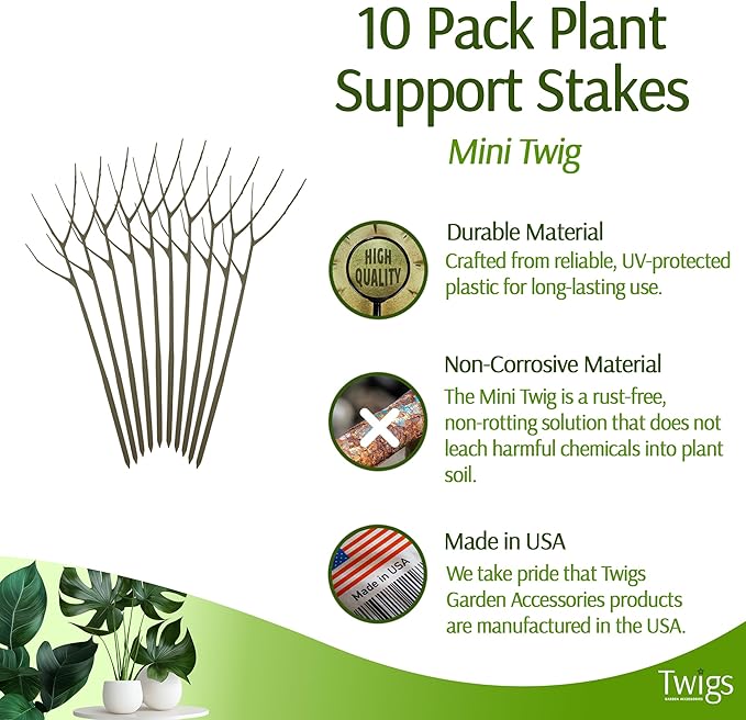 Twigs GA - Mini Twigs Plant Support Stakes for Small Plants, Indoor & Outdoor Use, Gardening Supplies, Garden Accessories, Trellis & Ring Alternative, Made in USA - Moonstone, 10 Pack, 12" L