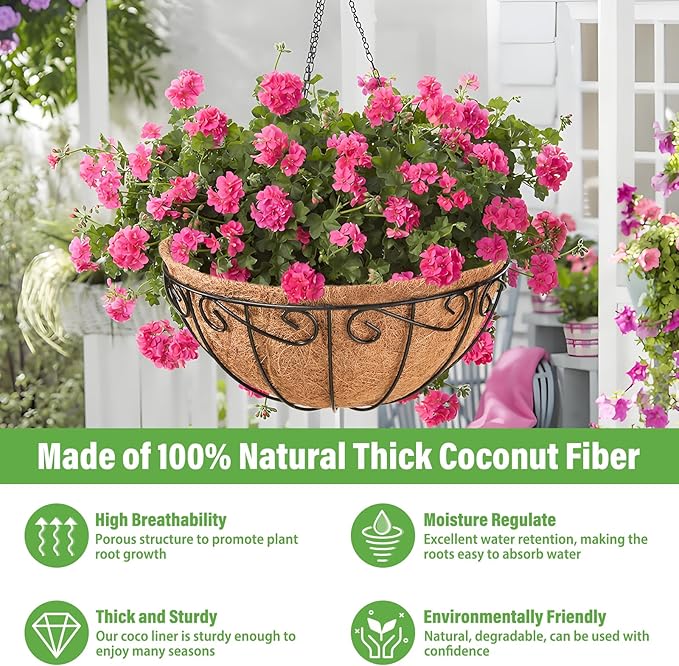 Legigo 2 Pack 14 Inch Hanging Baskets Planters for Outdoor Plants- Metal Round Hanging Baskets with Coconut Coir Liner, Wire Hanging Flower Pots for Outside Garden Porch Decorations