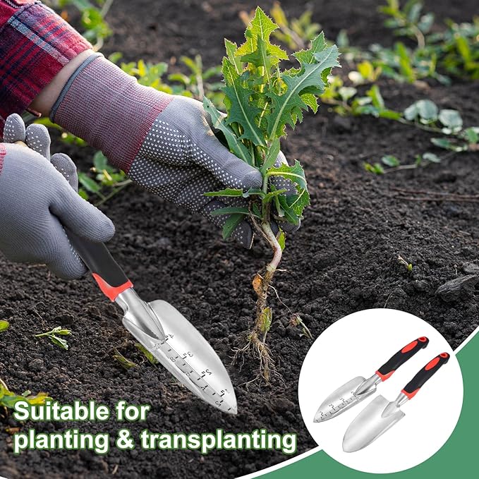 HARFINGTON 2pcs Garden Hand Shovels 11.8" Measurements Aluminum Transplanting Trowel Small Gardening Hand Tools for Planting, Red
