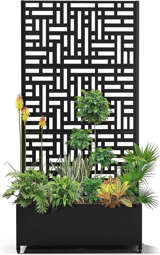 15.7"×70.9"×35.4" Metal Raised Garden Bed with Trellis and Wheels - Tall Trellis Planter Box for Climbing Plants, Vegetables & Vines - Outdoor Privacy Planters for Patio (Black-Helen)