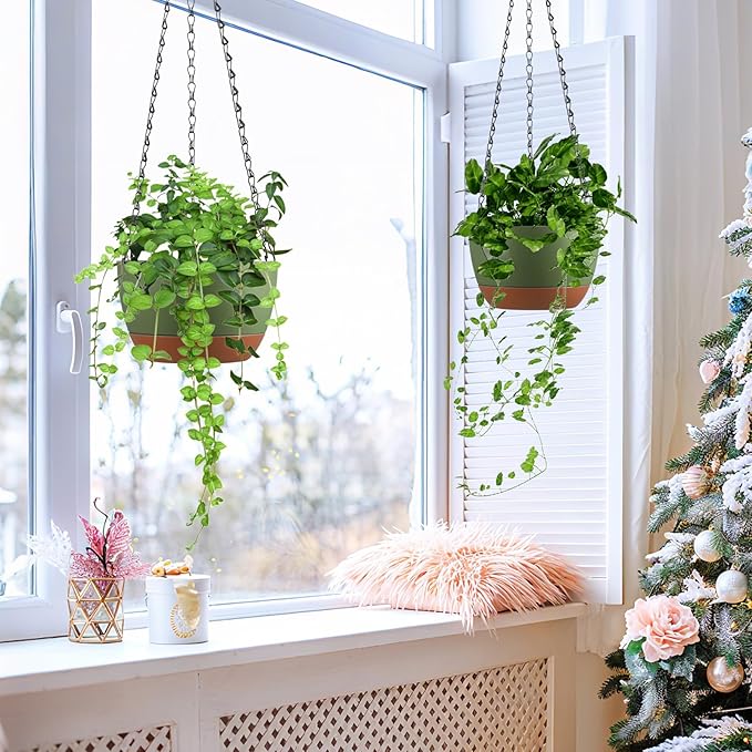 Set of 2 8 Inch Self Watering Hanging Planters for Indoor Outdoor Plants, Color Blocking Hanging Baskets Flower Pots with Drainage Hole & Removable Water-Storage Tray