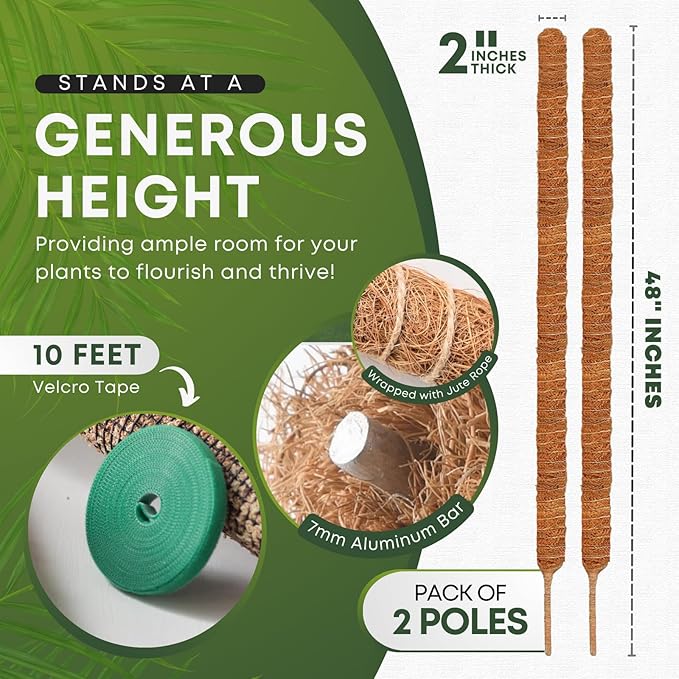 Auraville Bendable Moss Pole for Plants | 2 Pack 48 Inch Tall Moss Pole Monstera Plant Support | Large Poles for Climbing Plants | Handmade Coco Coir Plant Pole Sticks for Pothos