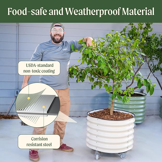 Rolling Metal Citrus Tree Planter Pot, 21″ Round Planter Box for Porch Patio & Backyard, 20 Gallon Large Planter Pot with Wheels for Growing Trees Tomatoes Vegetables and Flowers, 2 Pack Olive Green