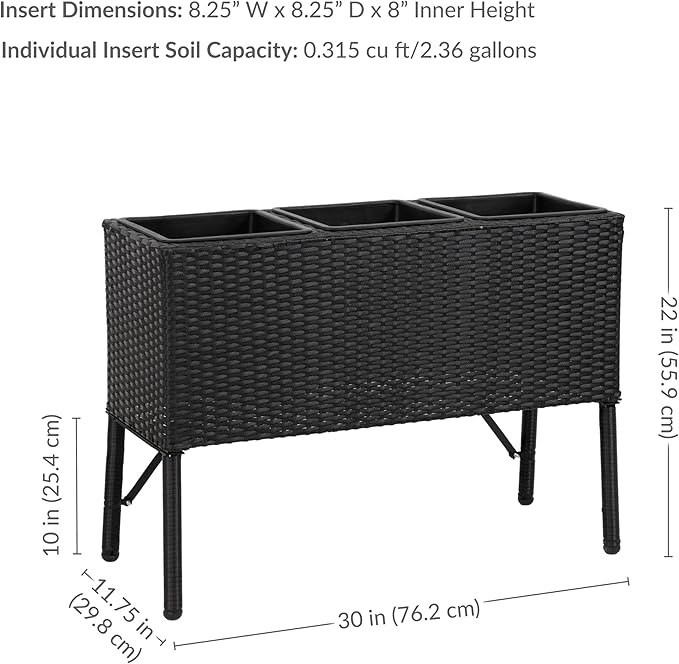 Sunnydaze 3-Section Wicker Raised Planter Box - 3 Removable Plastic Inserts - Above Ground Raised Garden Bed with Legs - 30.75" W x 11.75" D x 22" H