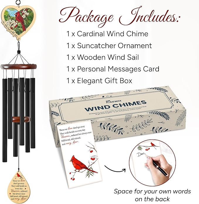 FLAGWIX Sympathy Gifts for Loss of Loved One - Large Outdoor Wind Chimes for Outside 32in - Cardinal Gifts for Women Men, Memorial Gift, Sympathy Gift Ideas, Cardinal Wind Chimes for Loss of Loved One