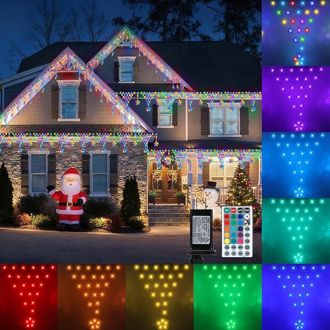 Outdoor Christmas Decorations Lights 13.8ft 200 LED Christmas Lights with 12 Stars,Dimmable Curtain Fairy Light with 8 Modes for Wedding Party Holiday Christmas Decor(RGB)