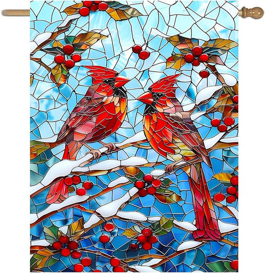 Winter Cardinal Bird Garden Flag for Outside 28x40 Stained Glass Red Birds on Snow Pine Tree Flag Christmas House Flags Large Outdoor Welcome New Years Yard Flag Double Sided