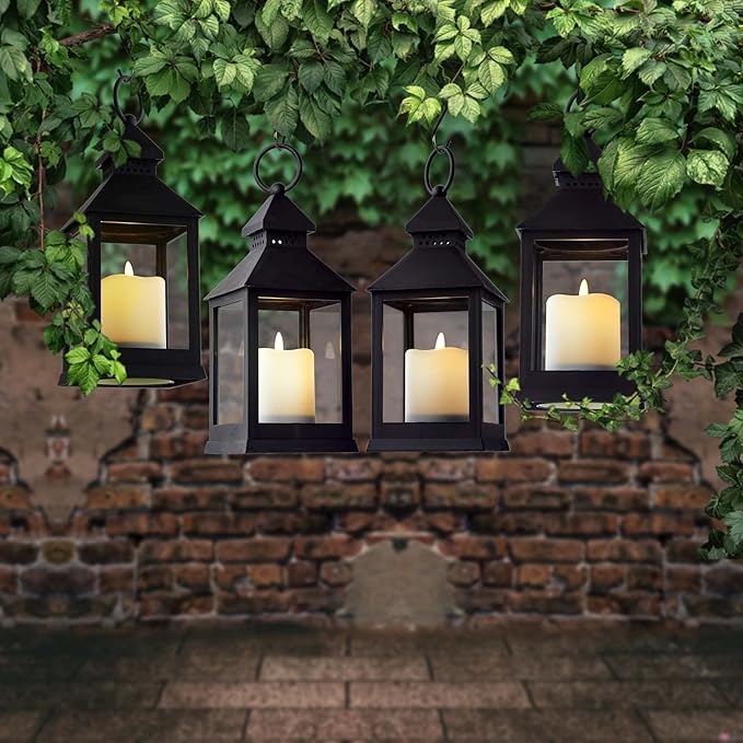 Yongmao Vintage Lantern Decorative LED Flickering Flameless Candle with Timer, Battery Powered LED Decorative Hanging Lanterns for Indoor Outdoor Garden Yard Home Decor(4 Pack)