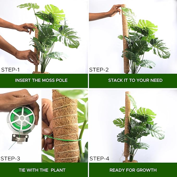 EcoNour 47.5" (4 Pack - 16") Stackable Moss Pole for Monstera Plant Support | Moss Sticks for Indoor Plants | Coir Totem Poles for Climbing Plants, Potted Plants, Creepers with Tie Accessories