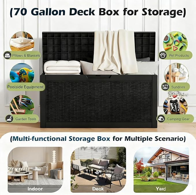 NBYSGO Outdoor Storage Box, Resin Deck Boxes Indoor and outdoor, Waterproof Storage Box Lockable Lid (Black, 70 Gallon)