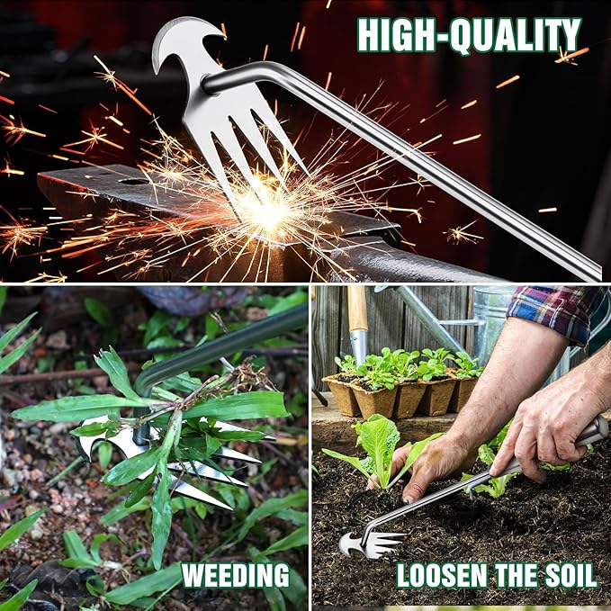 Weed Removal Tool, 2025 New Garden Weeding Tools Manganese Steel Hand Weeder Tool with Handle, 4 Teethes Dual Purpose Manual Weeders Tool Weed Pulling Tool for Garden19.6inch