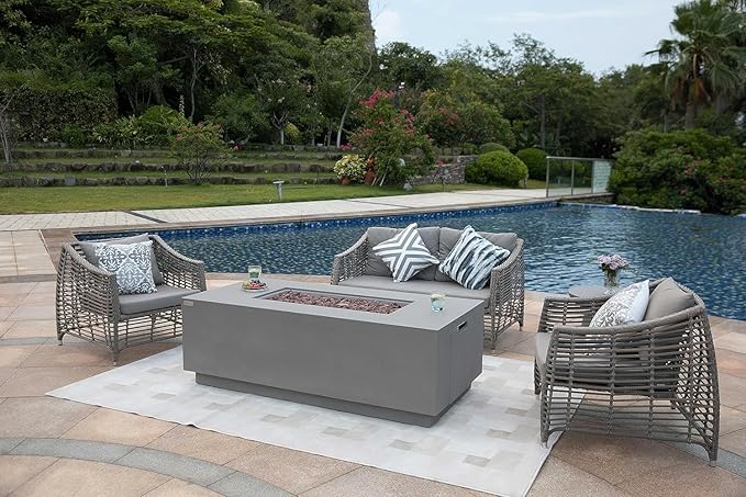 AMS Fireplace Sedona Fire Table Light Gray Liquid Propane Gas Pit Table for Outside Patio Bundle with Wind Guard, and SS Burner Lid | Free Rubber Mat & Ice Bucket